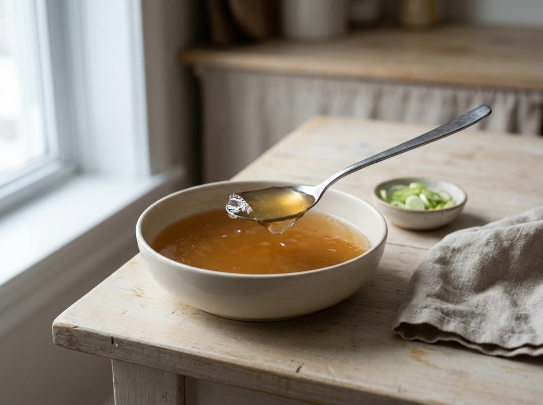 A shallow white ceramic bowl of chilled Korean ox bone broth that has set overnight into a soft amber jelly, with a steel spoon lifting one trembling spoonful